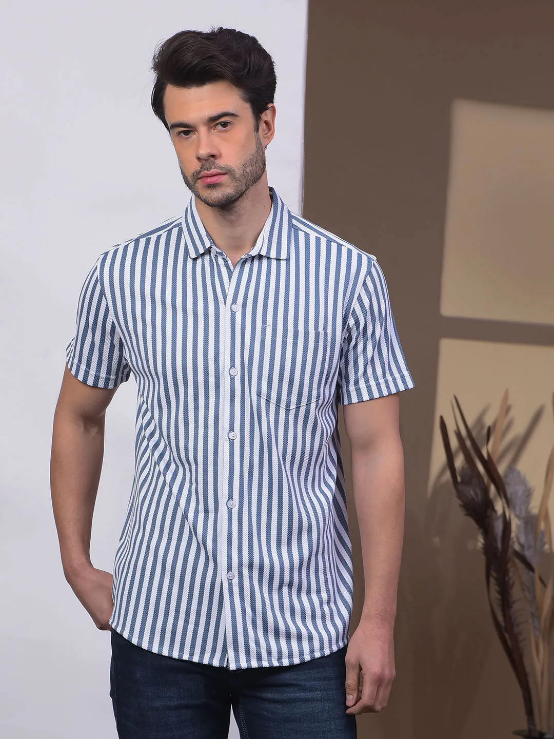 COBB STEEL BLUE STRIPED HALF-SLEEVE CASUAL SHIRT