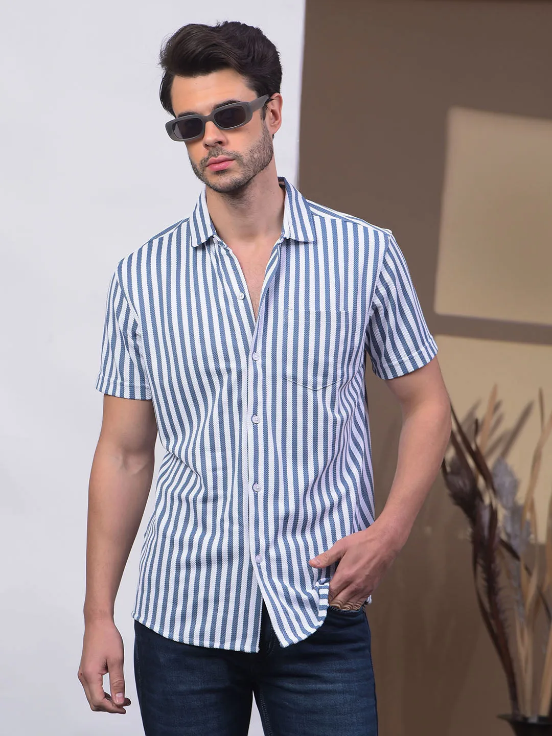 COBB STEEL BLUE STRIPED HALF-SLEEVE CASUAL SHIRT