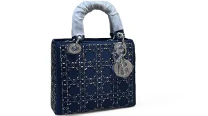Dior Lady Dior Bag in Navy Blue with Silver Stud Embellishments (20*18)