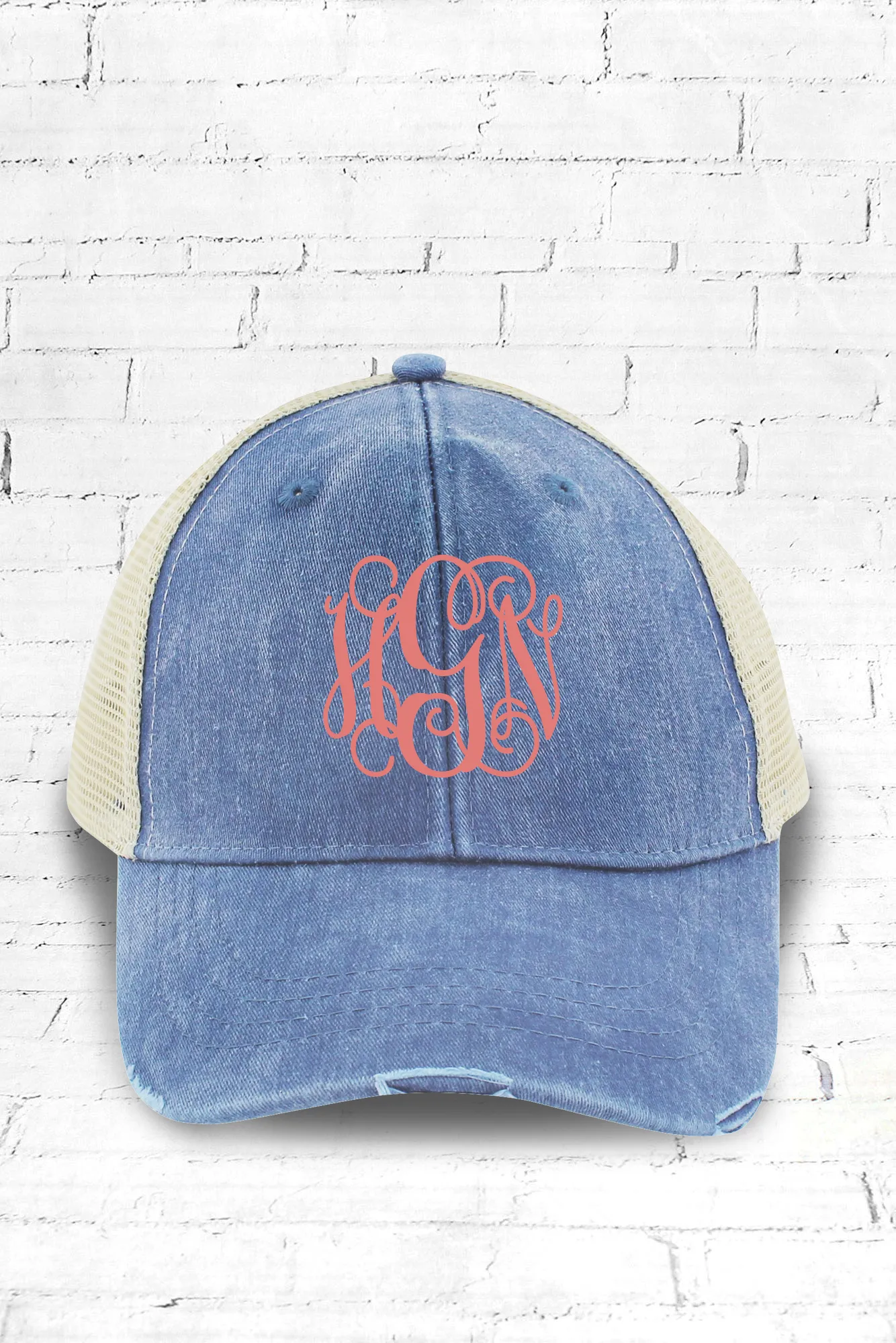 Distressed Ollie Trucker Cap, Royal and Tan