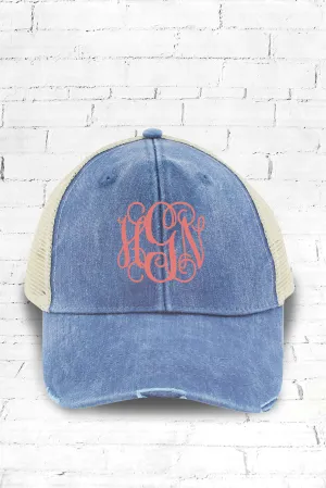 Distressed Ollie Trucker Cap, Royal and Tan
