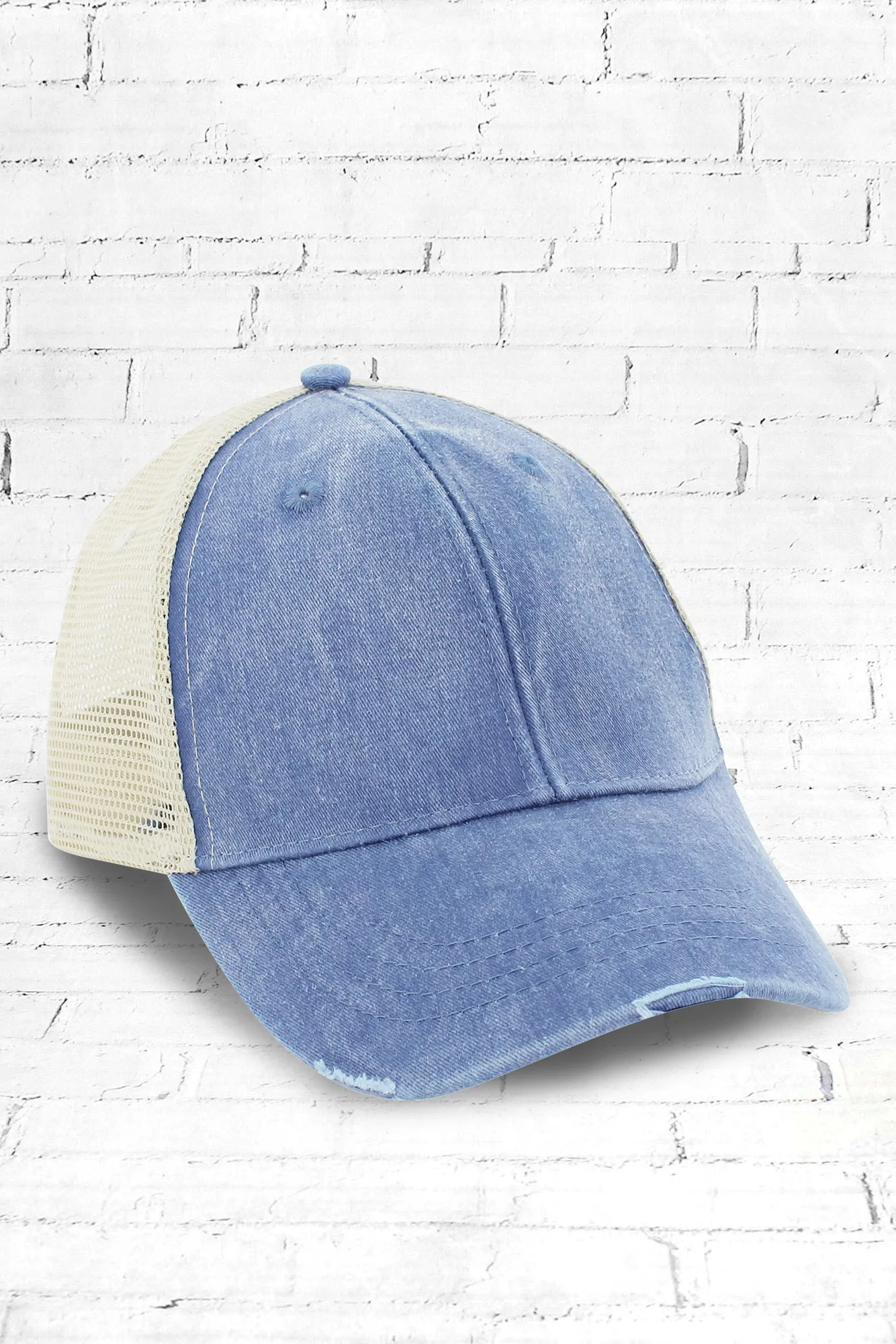Distressed Ollie Trucker Cap, Royal and Tan