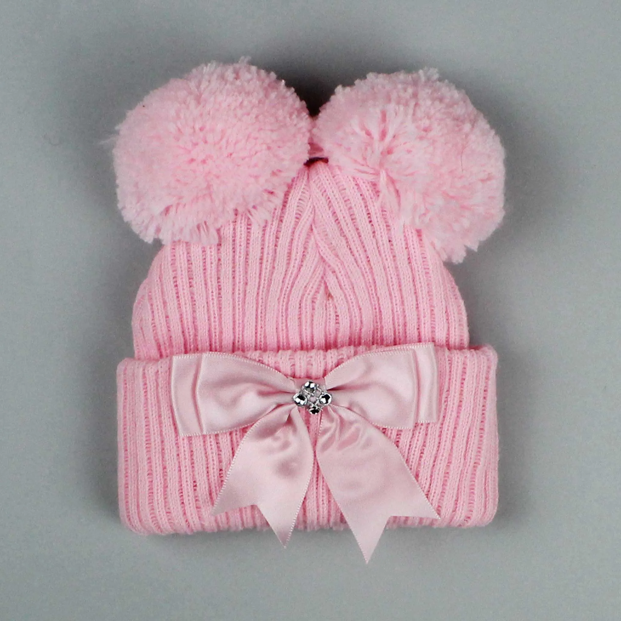 Double Pom Hat - Pink - With Bow and Jewel