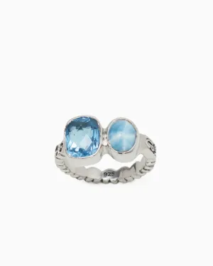 Double Stone Cocktail Ring with Petroglyph Band - Larimar/Hampton Blue Topaz