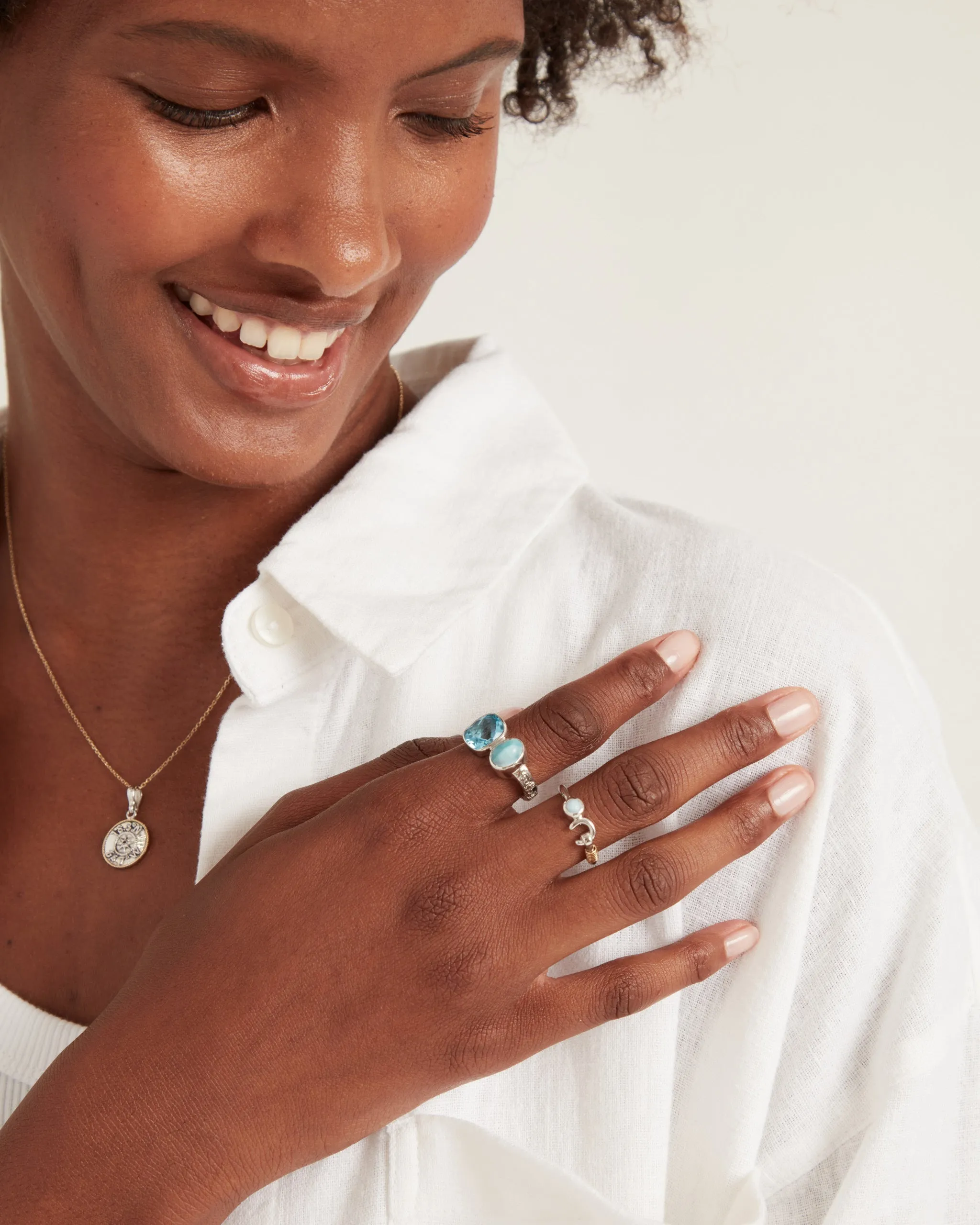 Double Stone Cocktail Ring with Petroglyph Band - Larimar/Hampton Blue Topaz