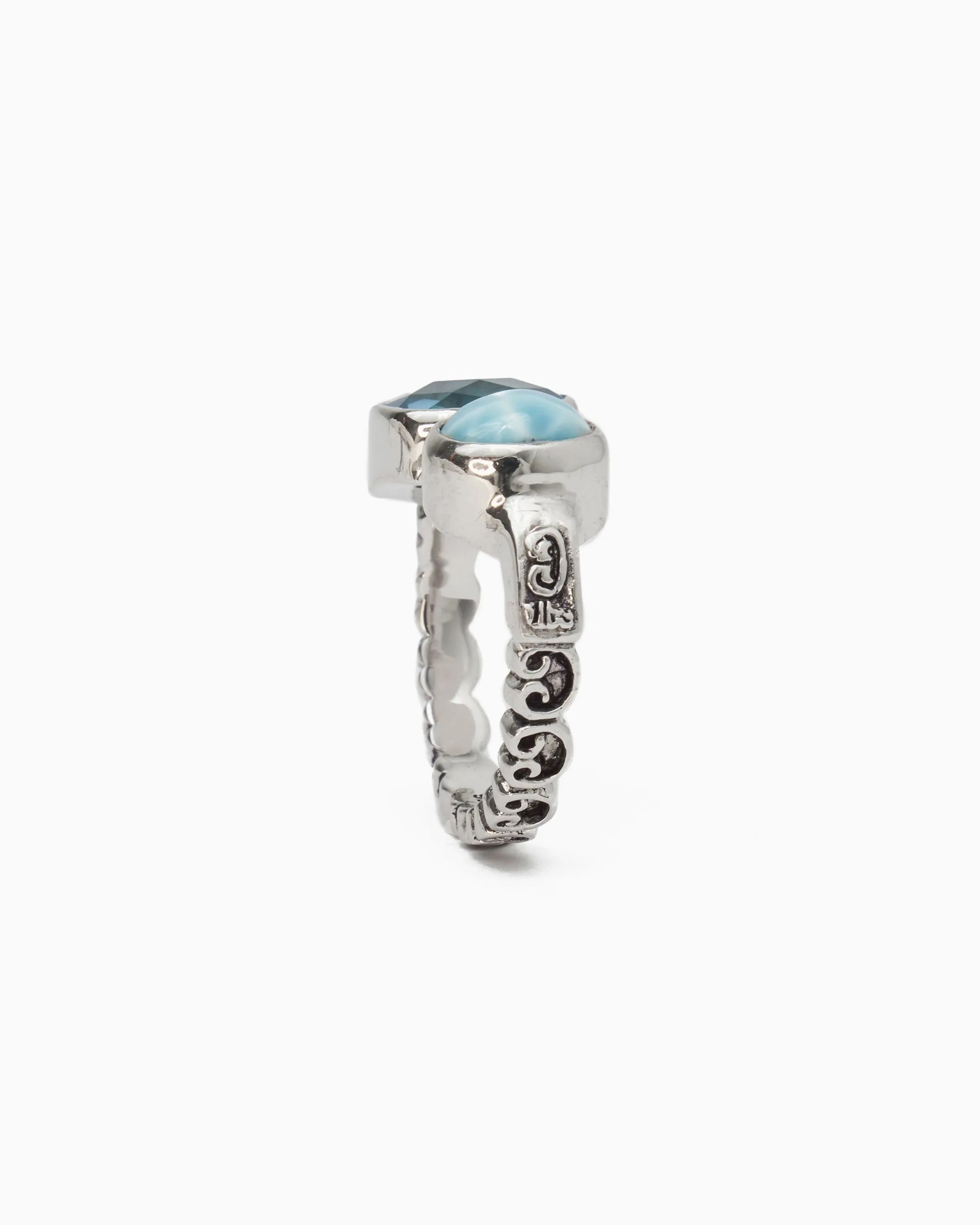 Double Stone Cocktail Ring with Petroglyph Band - Larimar/Hampton Blue Topaz