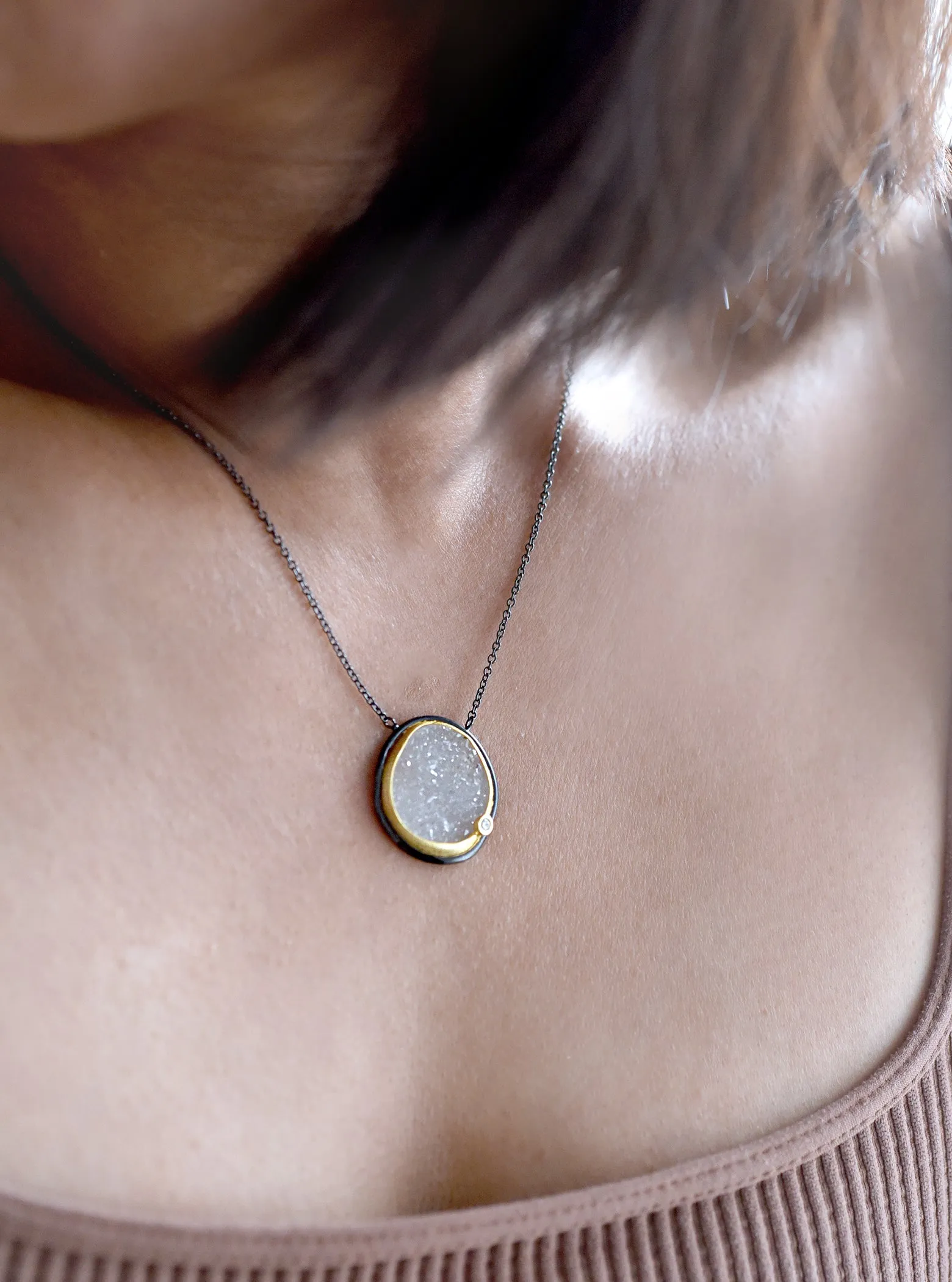 Egg Shape Druzy Necklace with CZ