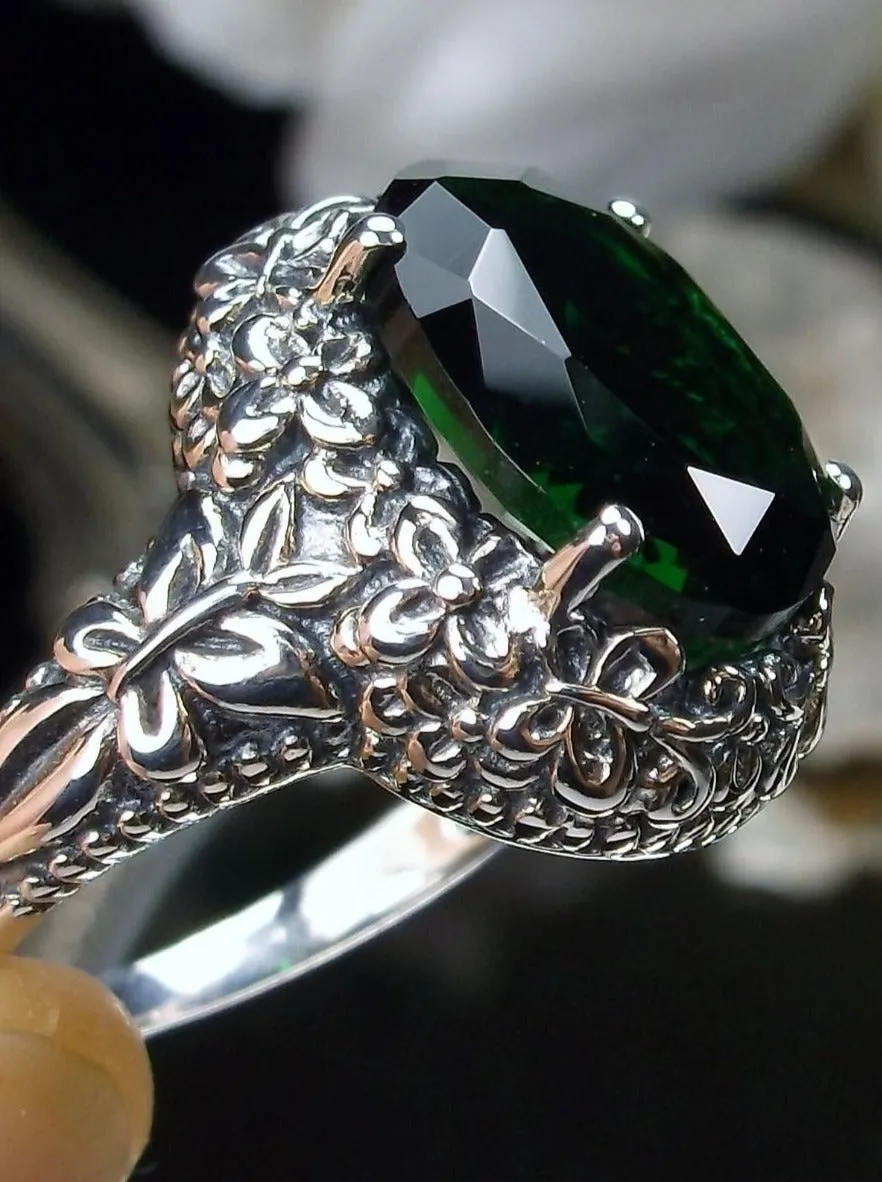 Emerald Butterfly Ring, Oval Green Gemstone, Art Nouveau Vintage Ring, D79