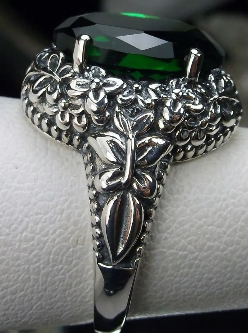 Emerald Butterfly Ring, Oval Green Gemstone, Art Nouveau Vintage Ring, D79