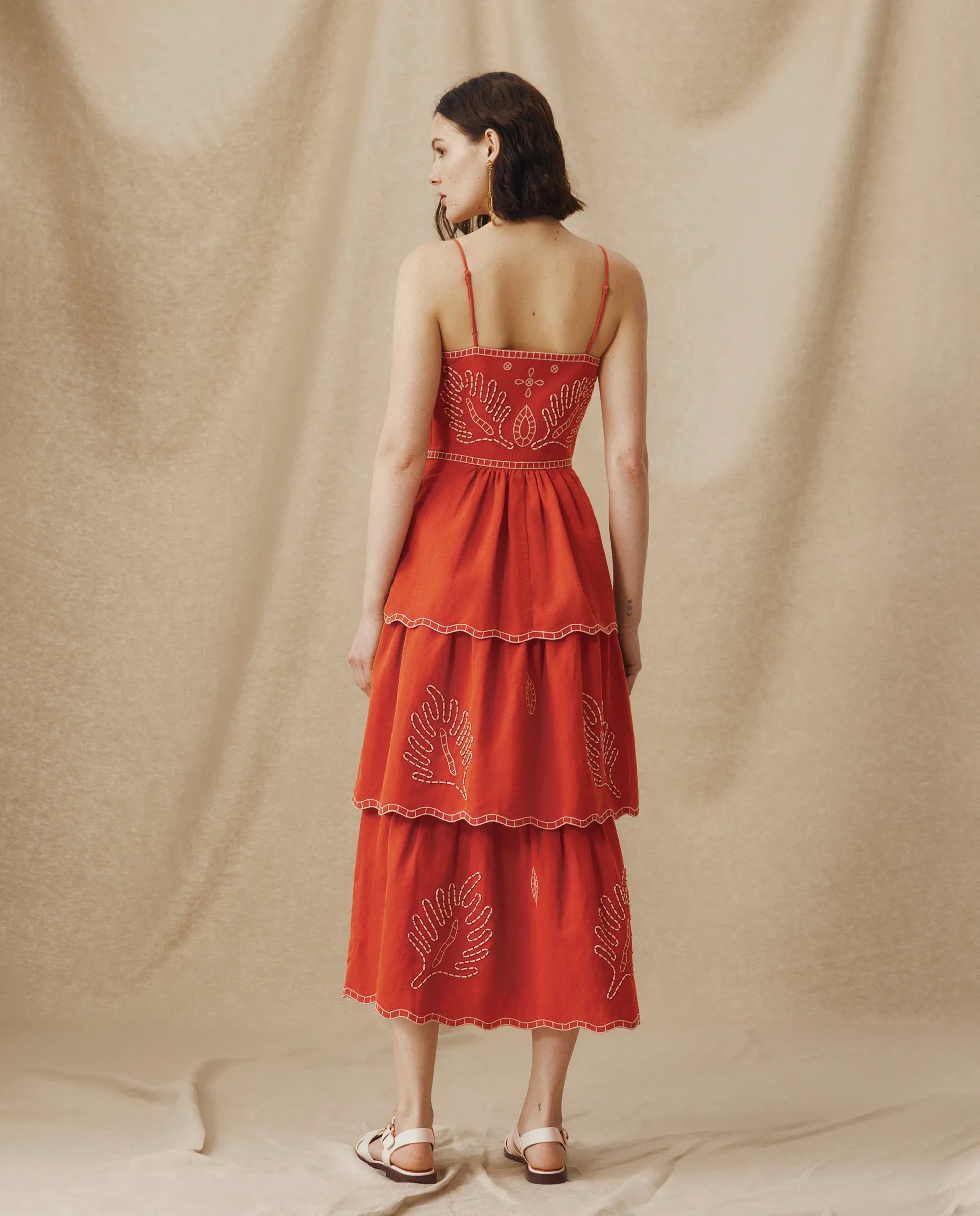 EMMA | Terracotta Red Embroidered Cotton Linen Tiered Midi Dress