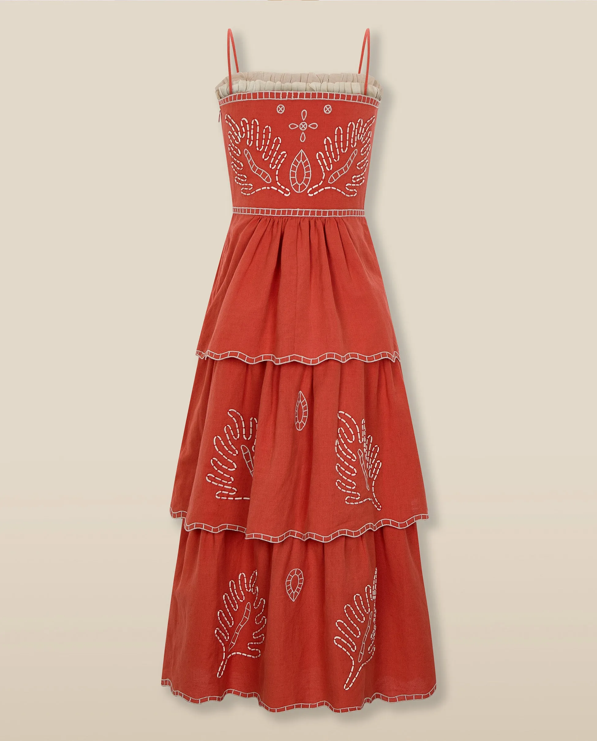 EMMA | Terracotta Red Embroidered Cotton Linen Tiered Midi Dress