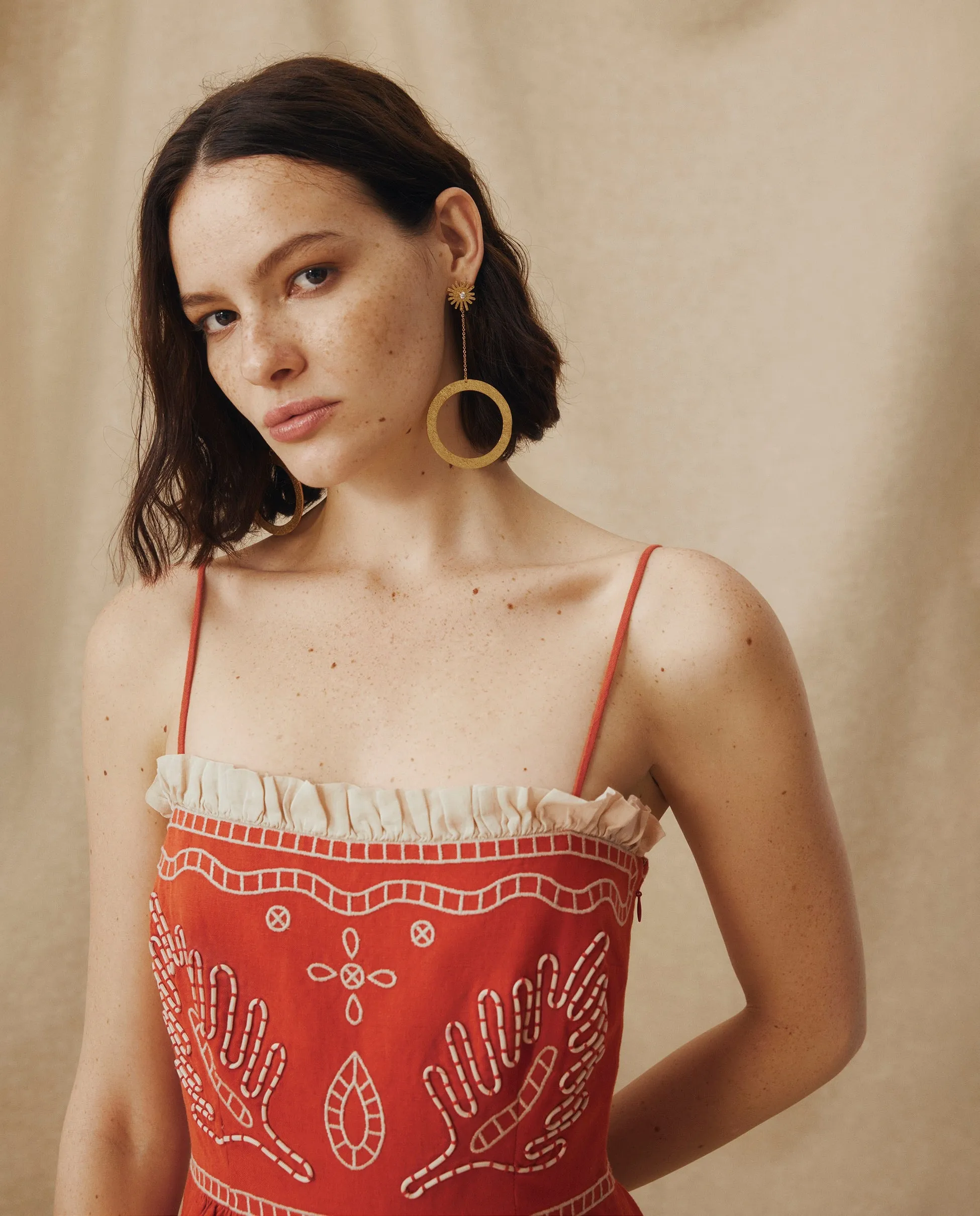 EMMA | Terracotta Red Embroidered Cotton Linen Tiered Midi Dress