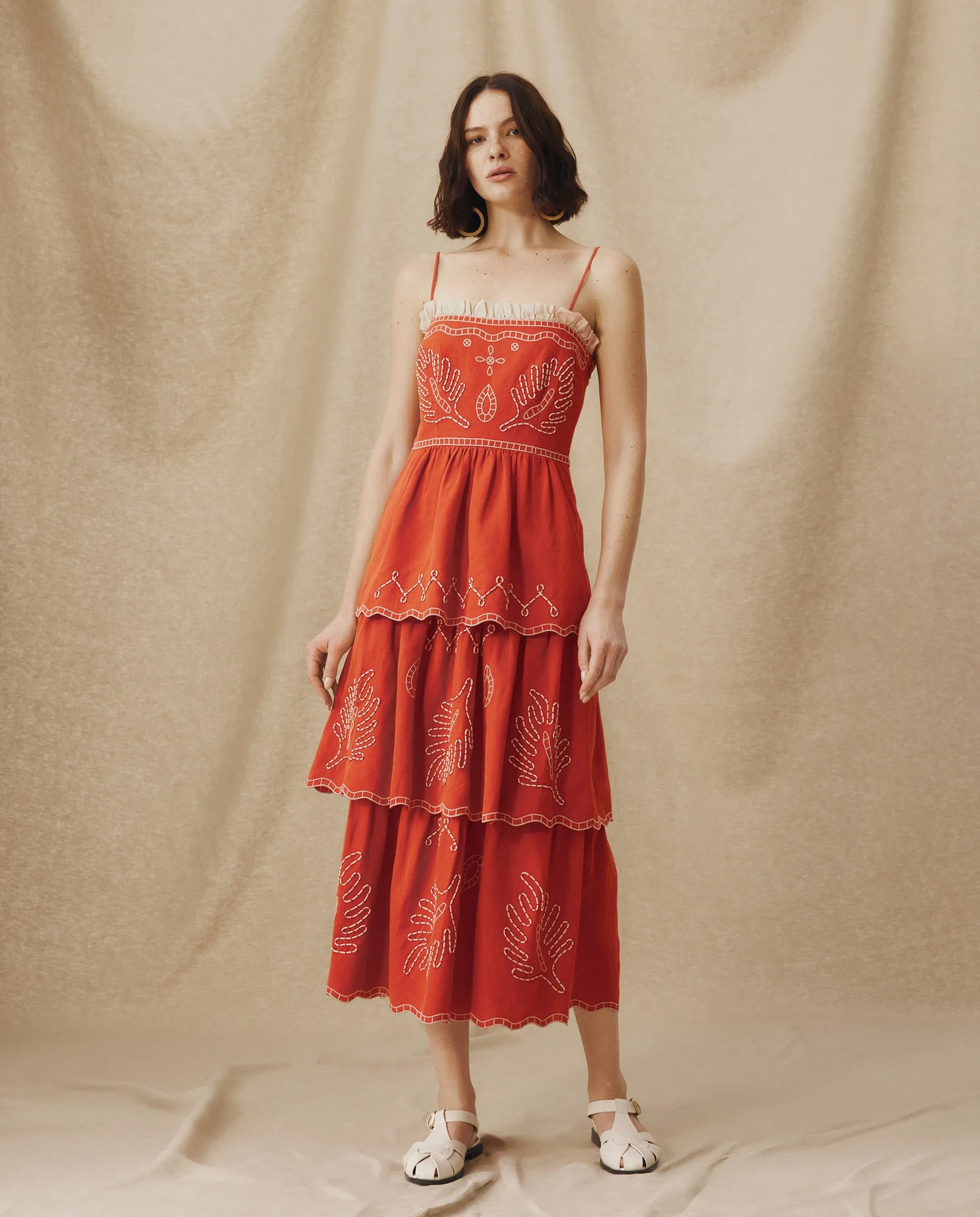 EMMA | Terracotta Red Embroidered Cotton Linen Tiered Midi Dress