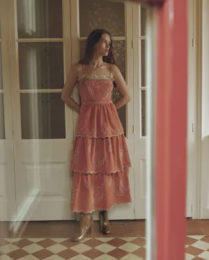EMMA | Terracotta Red Embroidered Cotton Linen Tiered Midi Dress