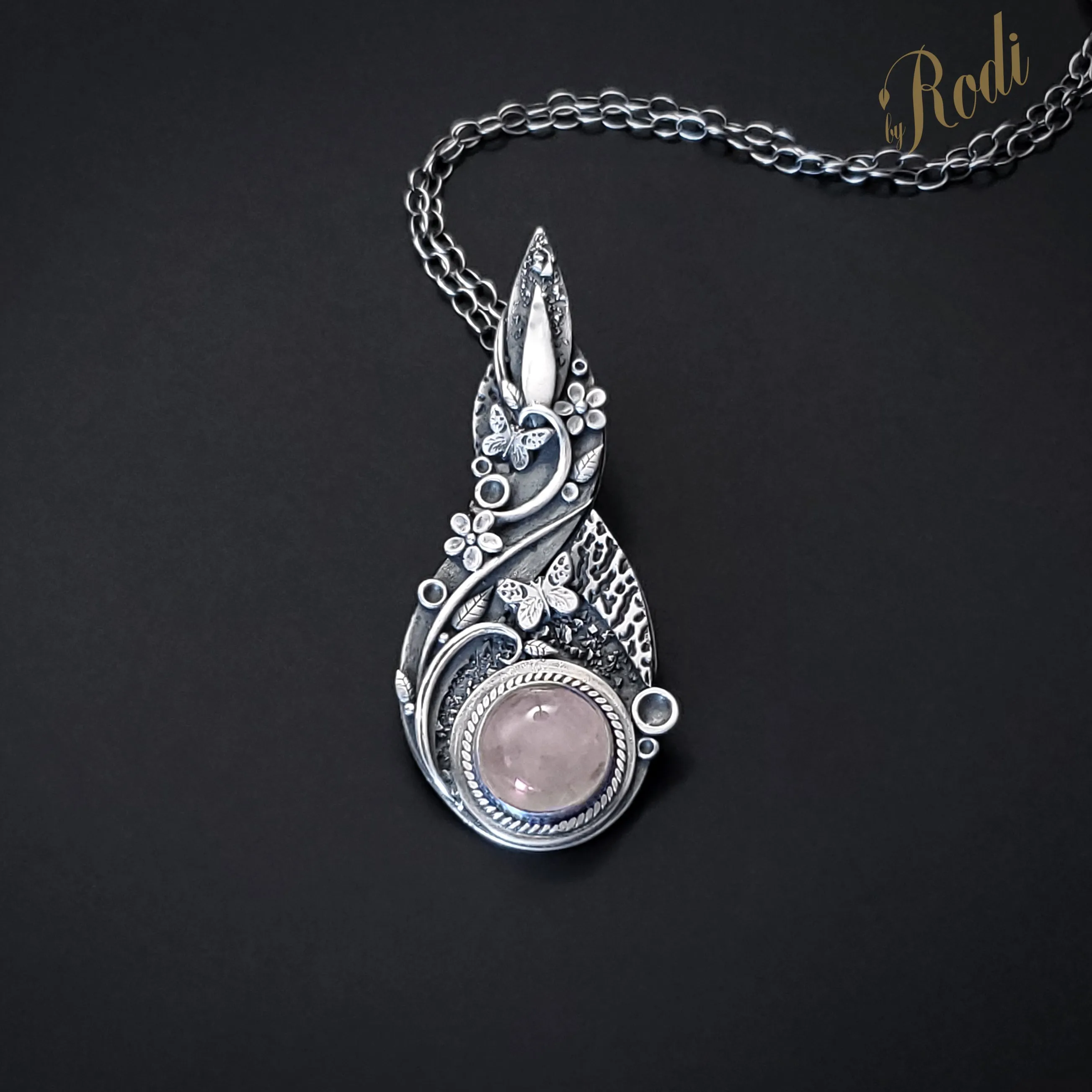 Flutter - Fine Silver Pendant, Rose Quartz