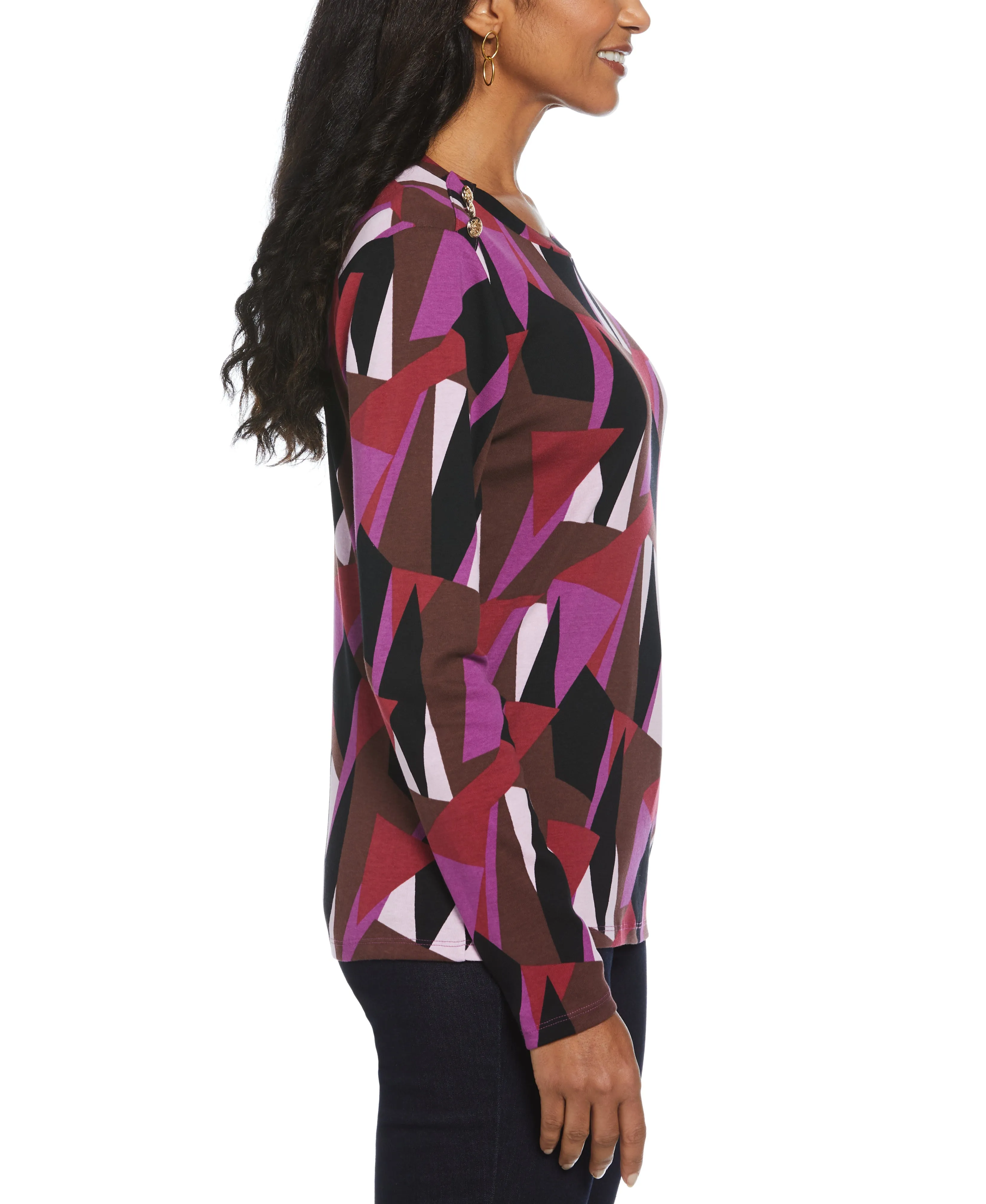 Geo Print Ribbed Button Detail Top