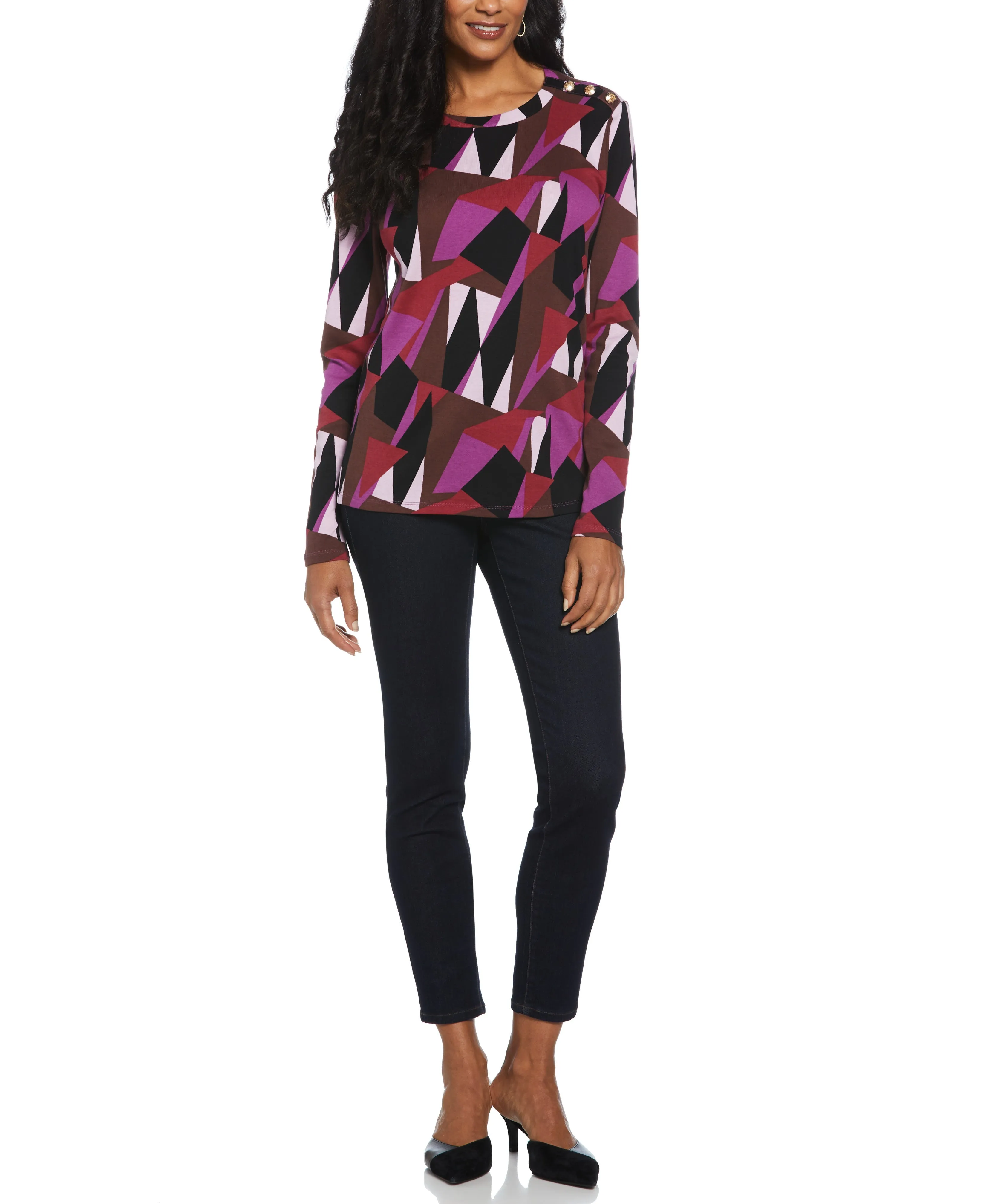Geo Print Ribbed Button Detail Top