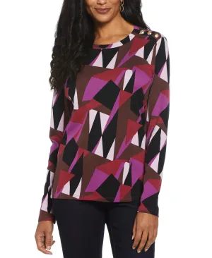Geo Print Ribbed Button Detail Top