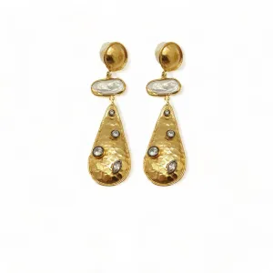 Gold Plated Handmade Hammered Dangling Earrings with Pearl and CZ