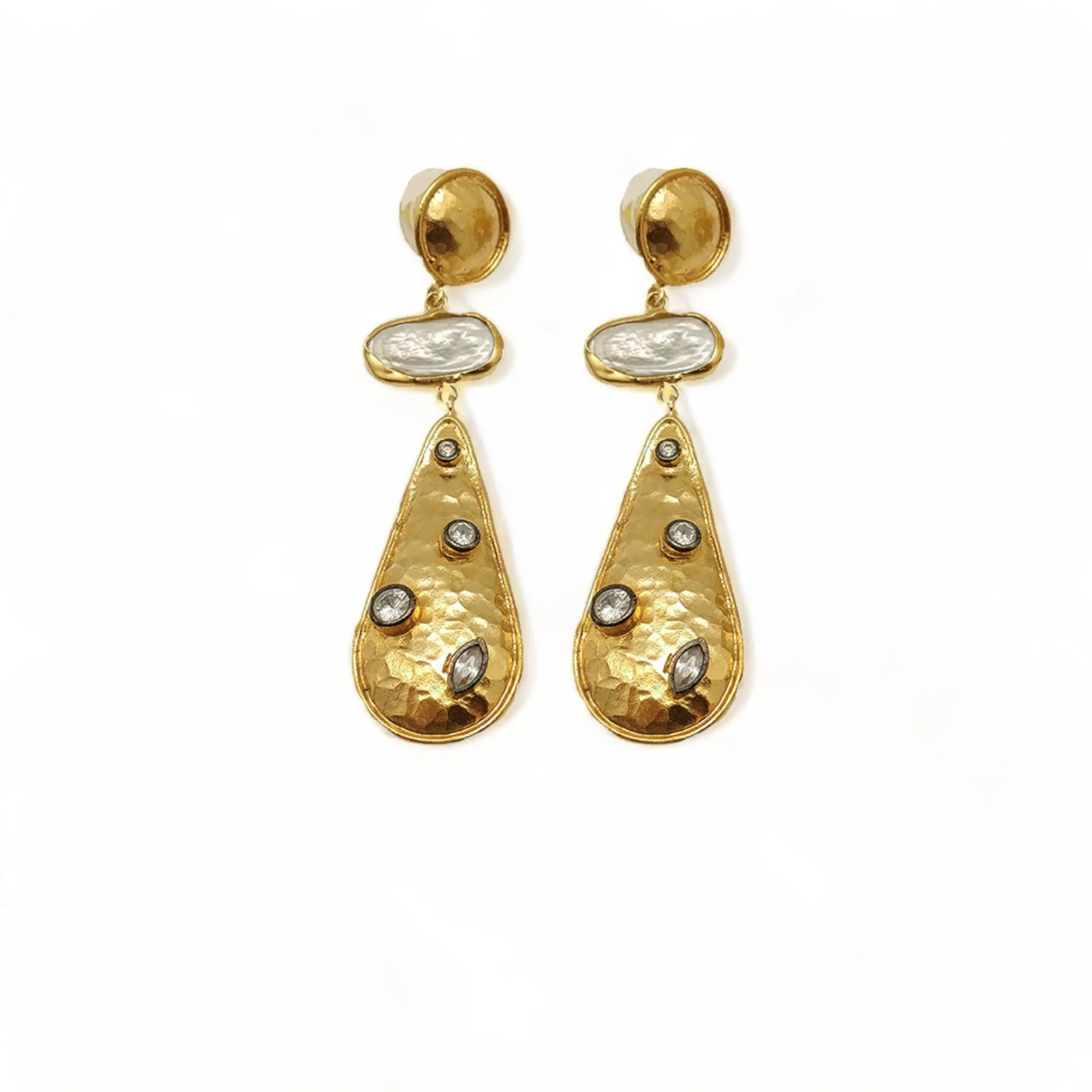Gold Plated Handmade Hammered Dangling Earrings with Pearl and CZ