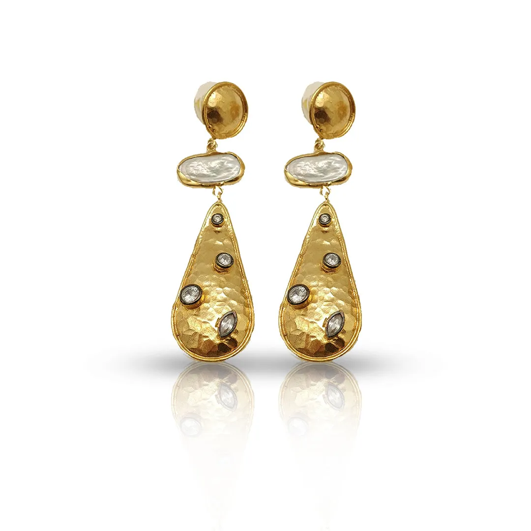 Gold Plated Handmade Hammered Dangling Earrings with Pearl and CZ