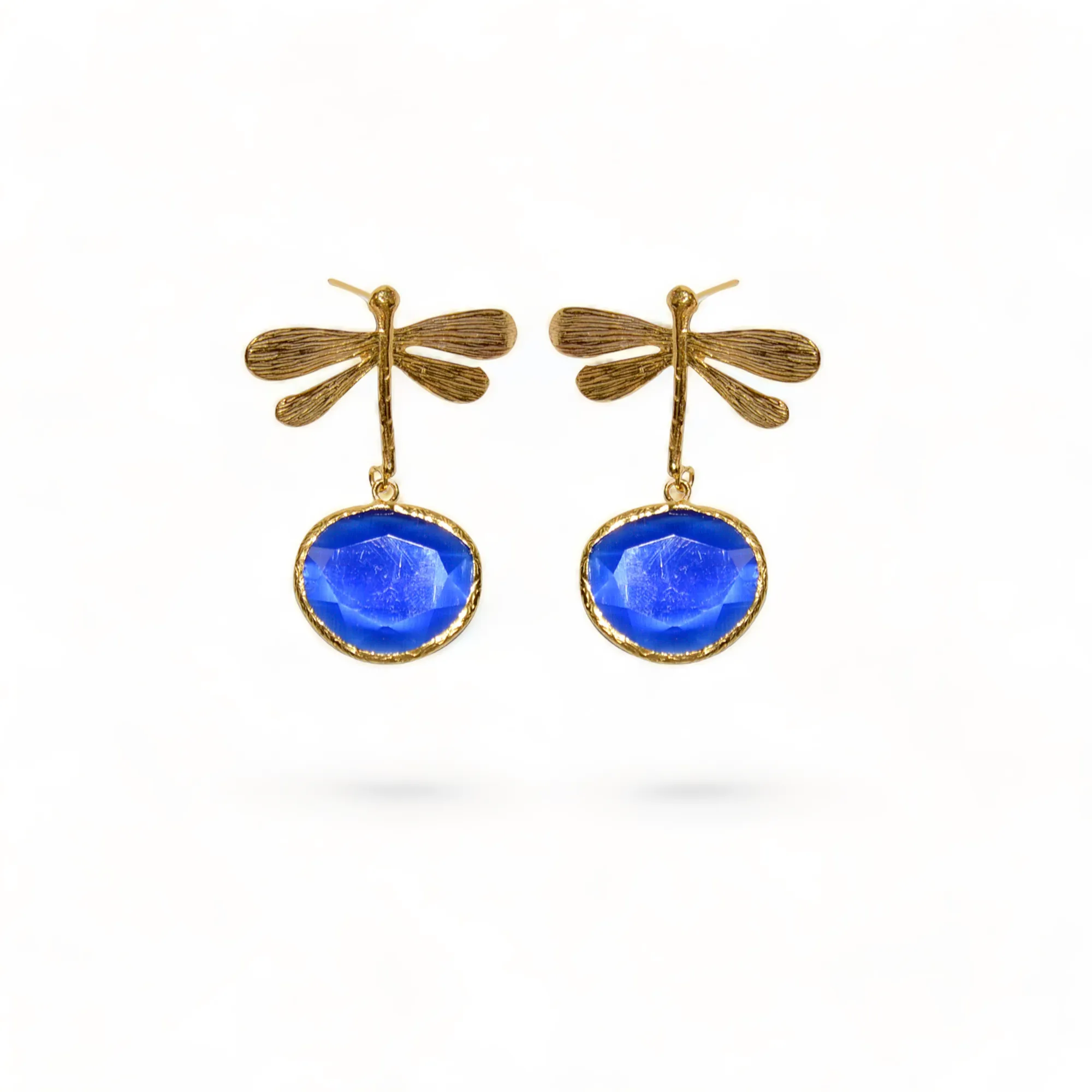 Handmade Gold-Plated Dragonfly Earrings | Blue Cat Eye Stone | Artisan Crafted Jewelry | Unique Drop Earring