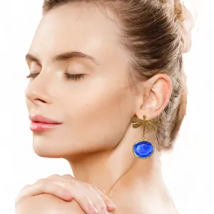 Handmade Gold-Plated Dragonfly Earrings | Blue Cat Eye Stone | Artisan Crafted Jewelry | Unique Drop Earring