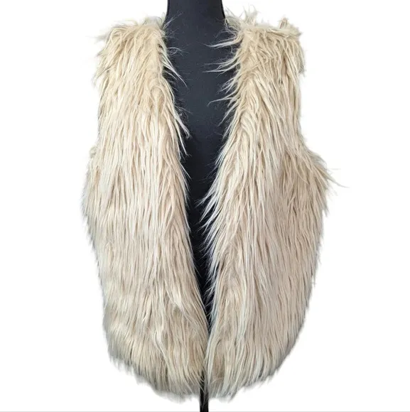 Hayden Boxy Oversized Jacket Shaggy Faux Fur Vest Cream Tan Size S/M