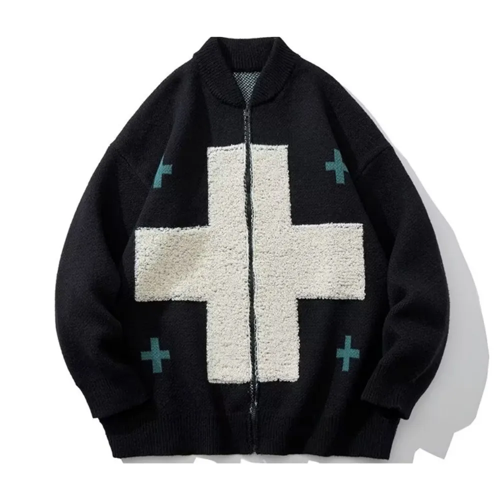 Hip Hop Cross Flocked Knitted Cardigan