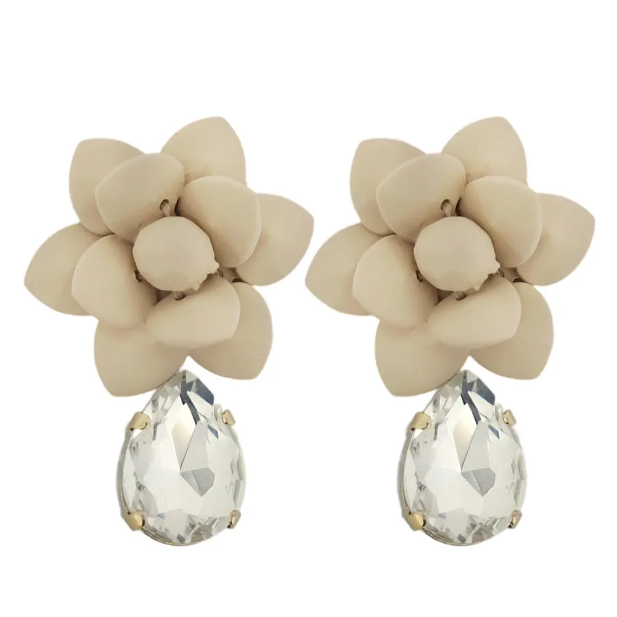Italian Sand Beige Lily Earrings Silk Effect - Crystal Drop
