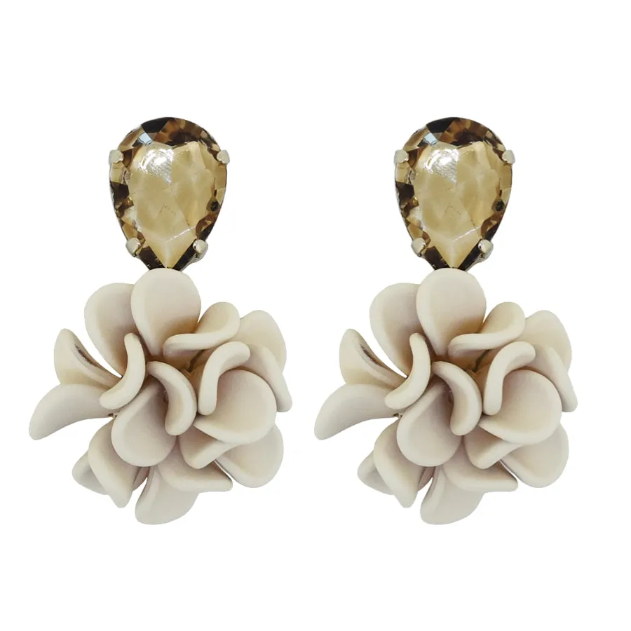 Italian Sand Beige Silk Effect Dahlia Dangle Drop Crystal Earrings - Leo