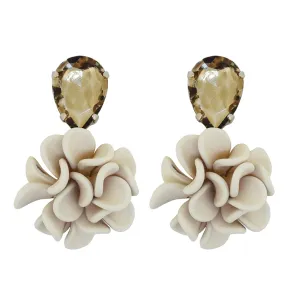 Italian Sand Beige Silk Effect Dahlia Dangle Drop Crystal Earrings - Leo