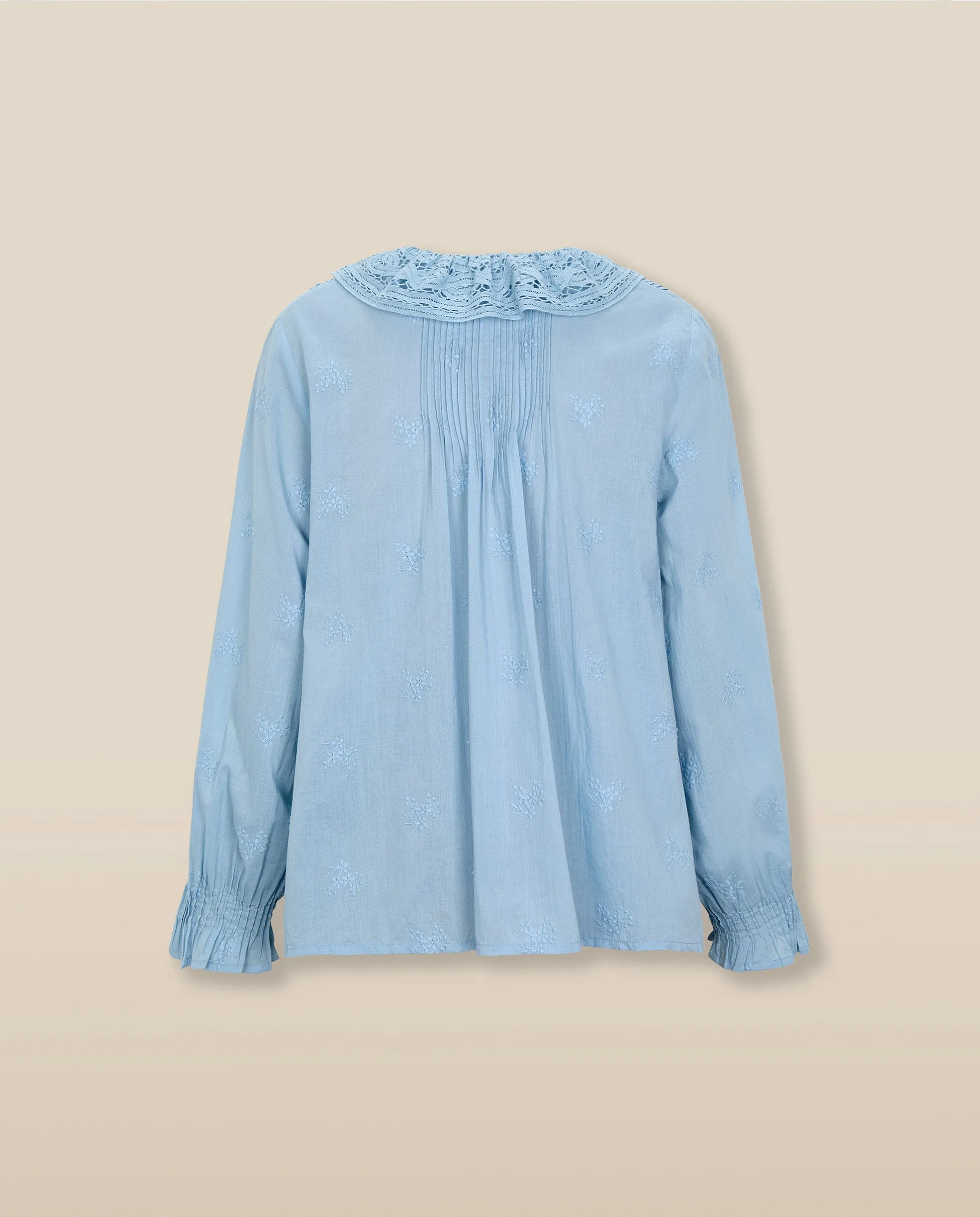 KAIRA | Pale Blue Embroidered Cotton Ruffle Blouse