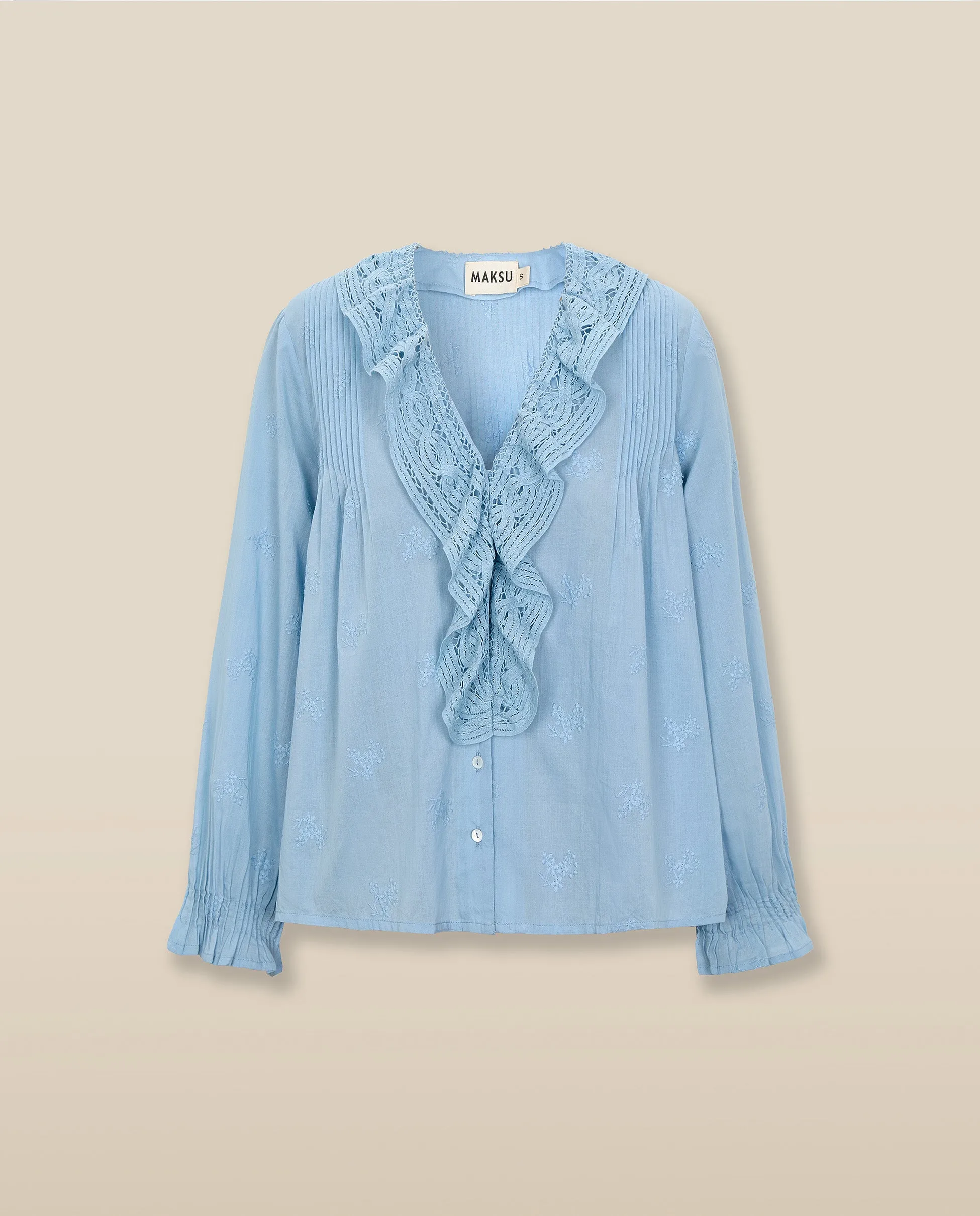 KAIRA | Pale Blue Embroidered Cotton Ruffle Blouse