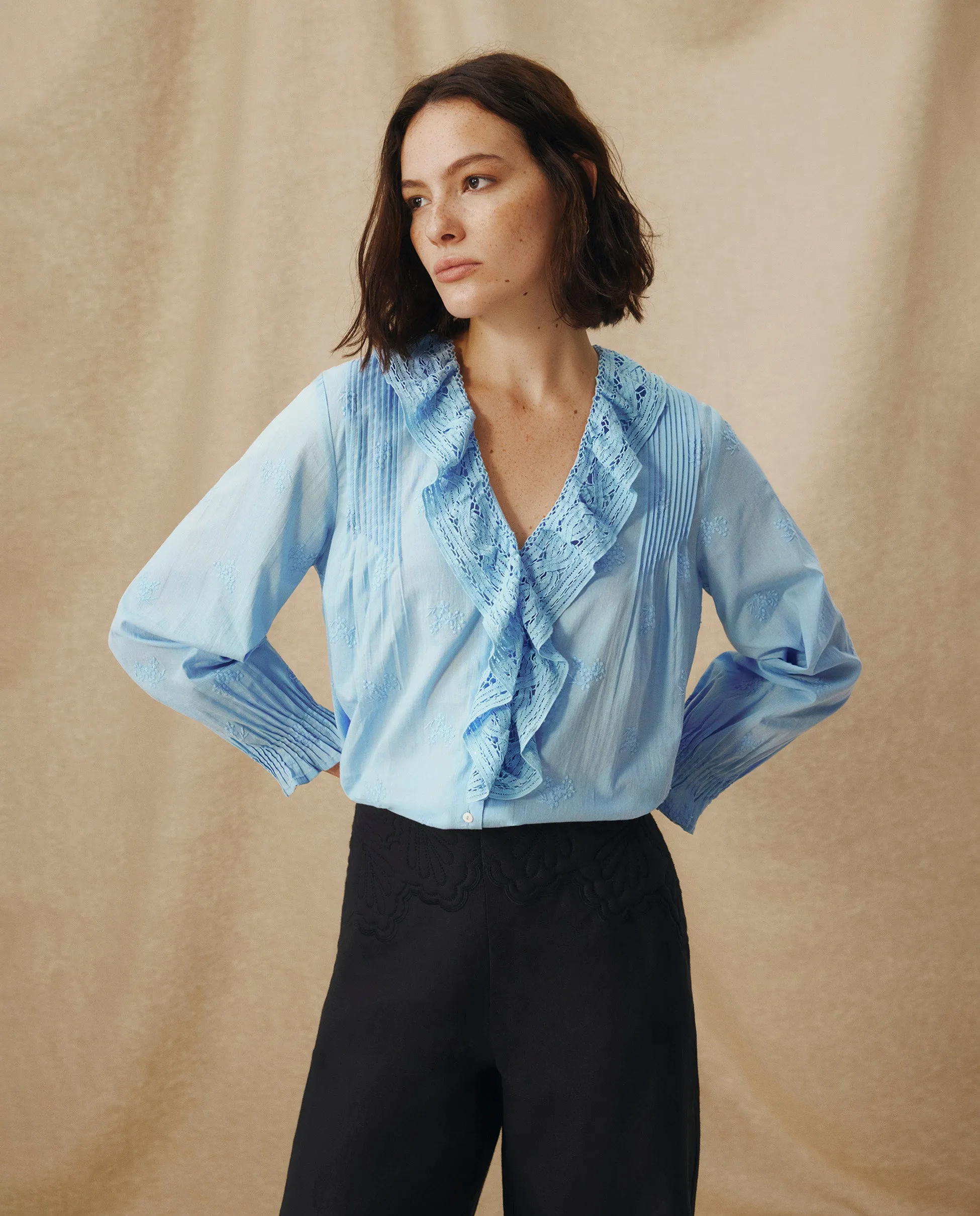 KAIRA | Pale Blue Embroidered Cotton Ruffle Blouse