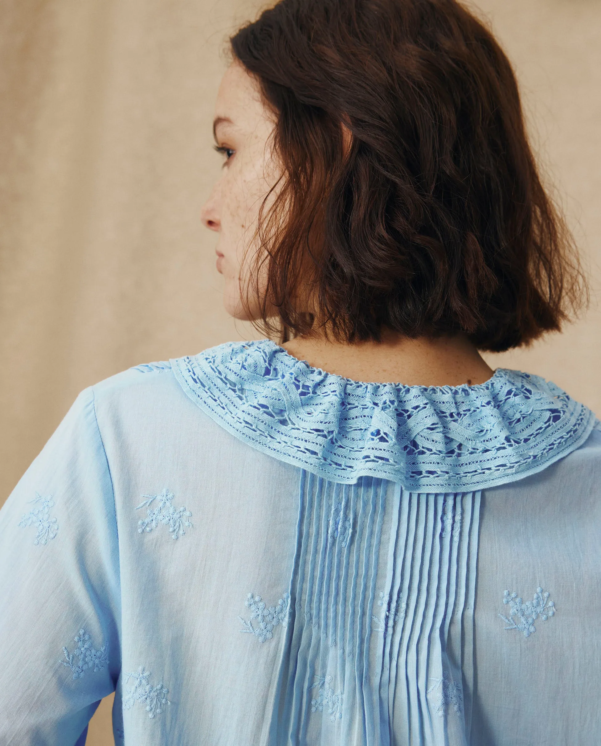 KAIRA | Pale Blue Embroidered Cotton Ruffle Blouse