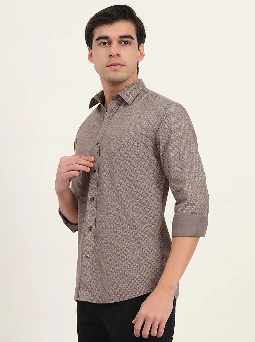 Light Brown Printed Slim Fit Semi Casual Shirt | Greenfibre