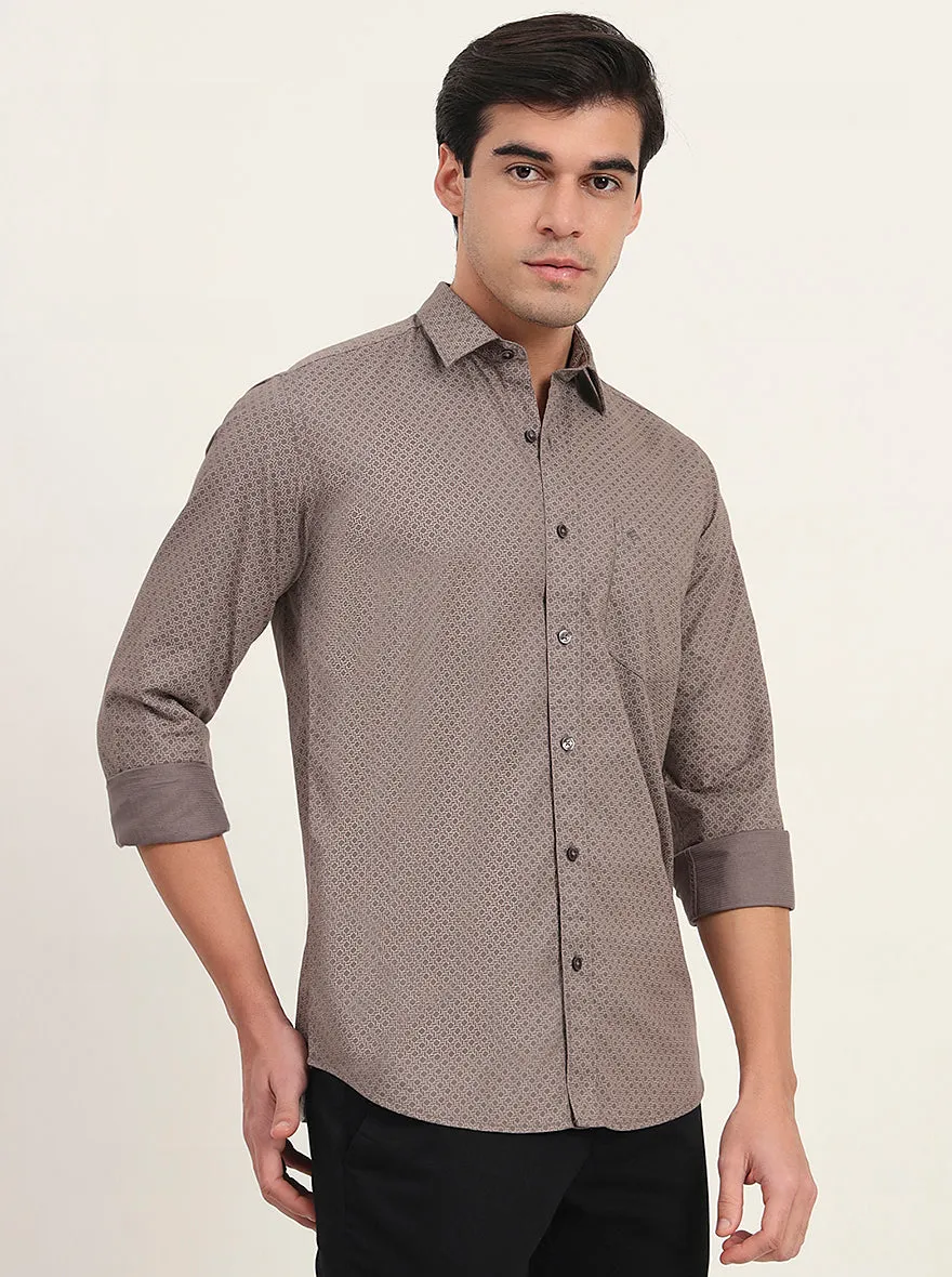 Light Brown Printed Slim Fit Semi Casual Shirt | Greenfibre
