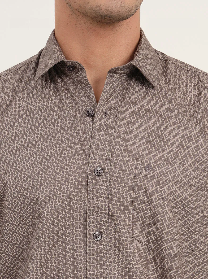 Light Brown Printed Slim Fit Semi Casual Shirt | Greenfibre