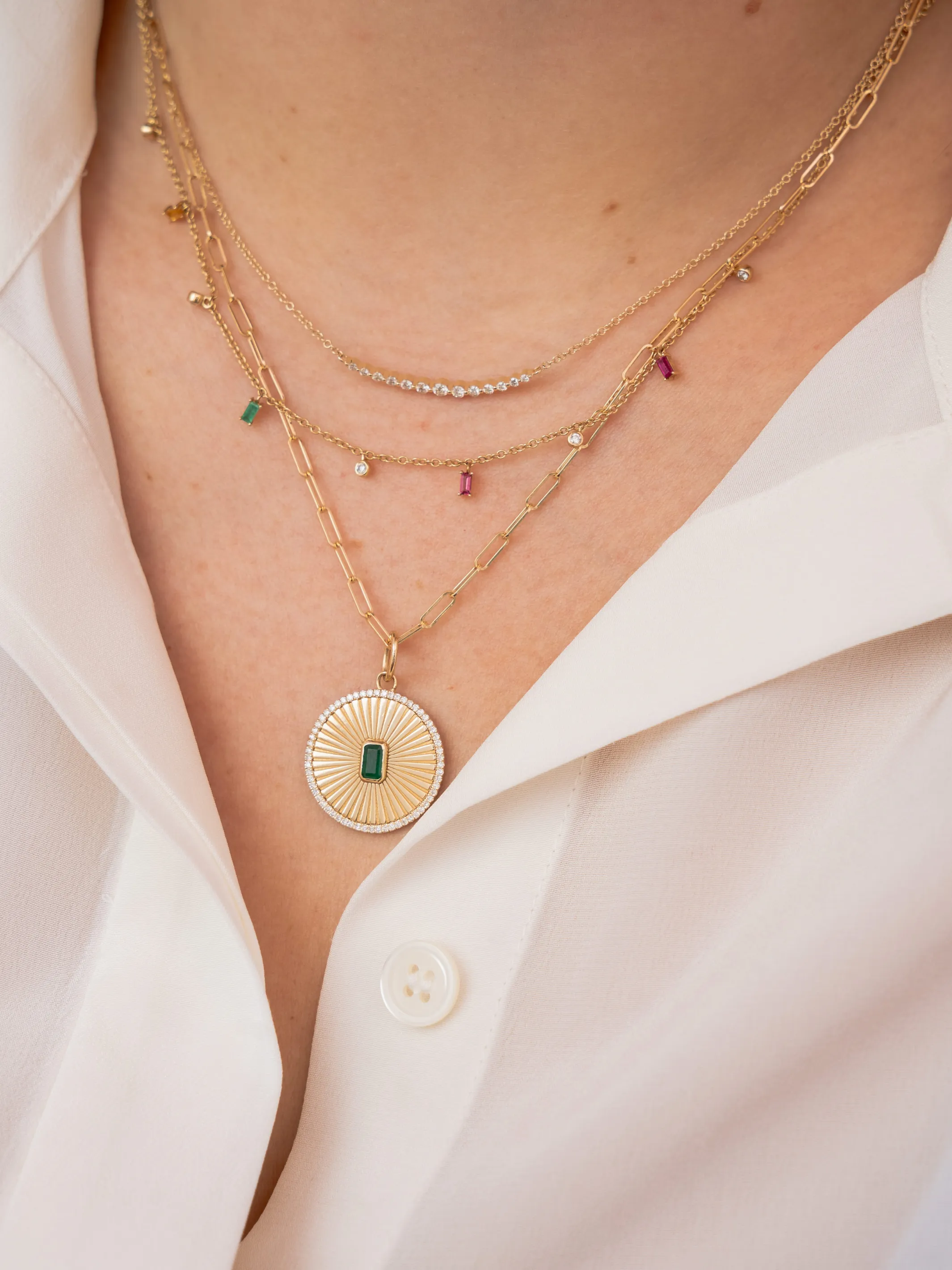 Lucky Emerald Fluted Pendant Necklace 14K