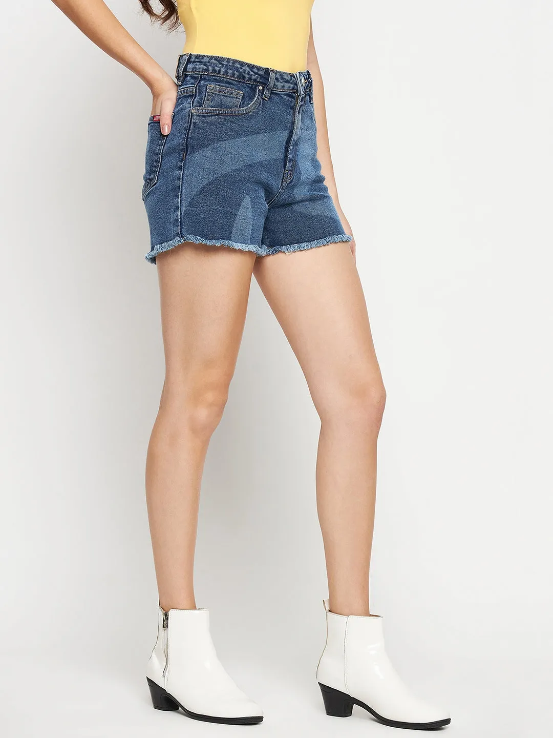 Madame Shadow Effect Frayed Hem Dark Blue Shorts