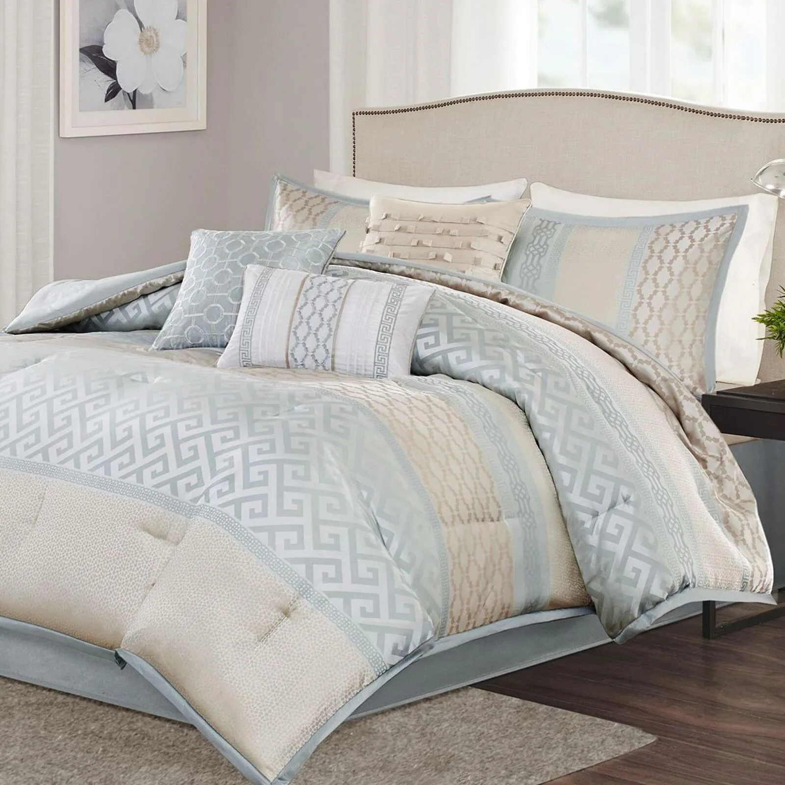 Madison Park Addison 7-Piece Queen Comforter Set Bedding Aqua / Beige