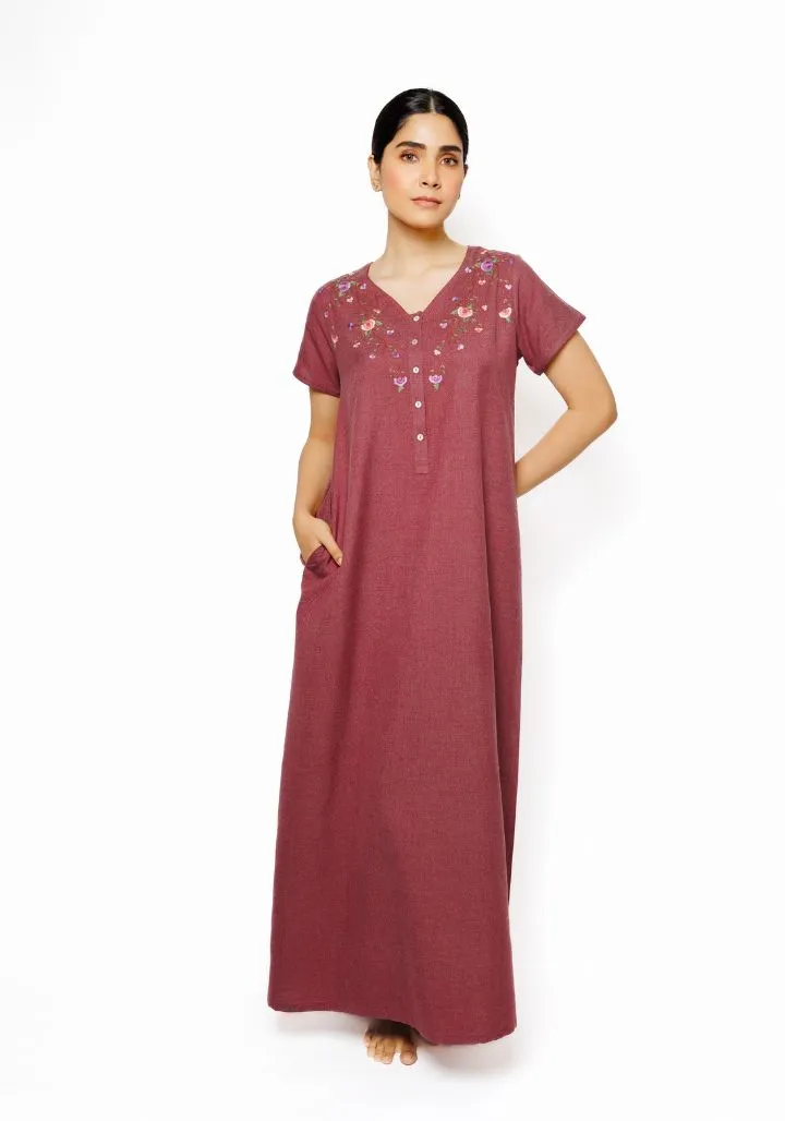 Maroon Bloom – Cotton Spun Nighty with Hand Embroidery