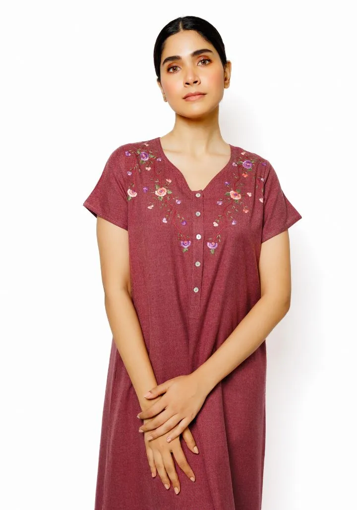 Maroon Bloom – Cotton Spun Nighty with Hand Embroidery