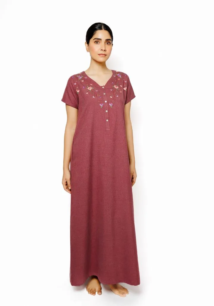Maroon Bloom – Cotton Spun Nighty with Hand Embroidery
