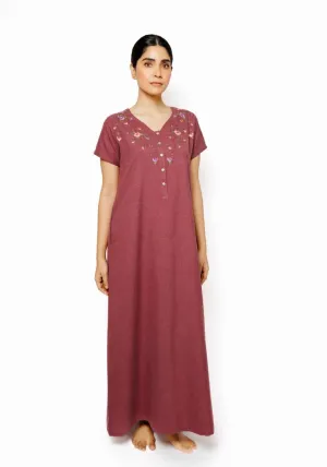 Maroon Bloom – Cotton Spun Nighty with Hand Embroidery