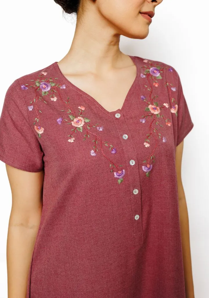 Maroon Bloom – Cotton Spun Nighty with Hand Embroidery
