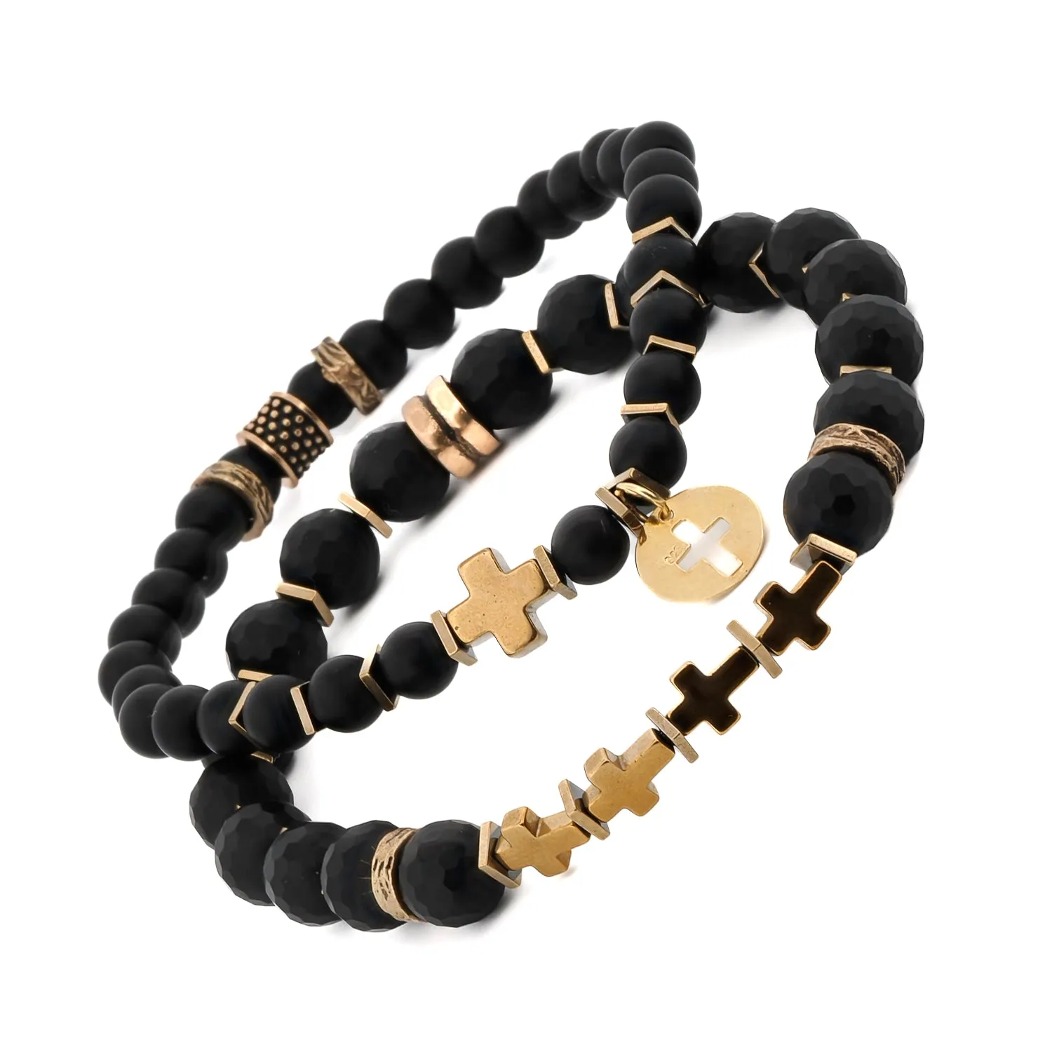 Matte Black Onyx Stone Gold Cross Charm Wise Belief Bracelet Set