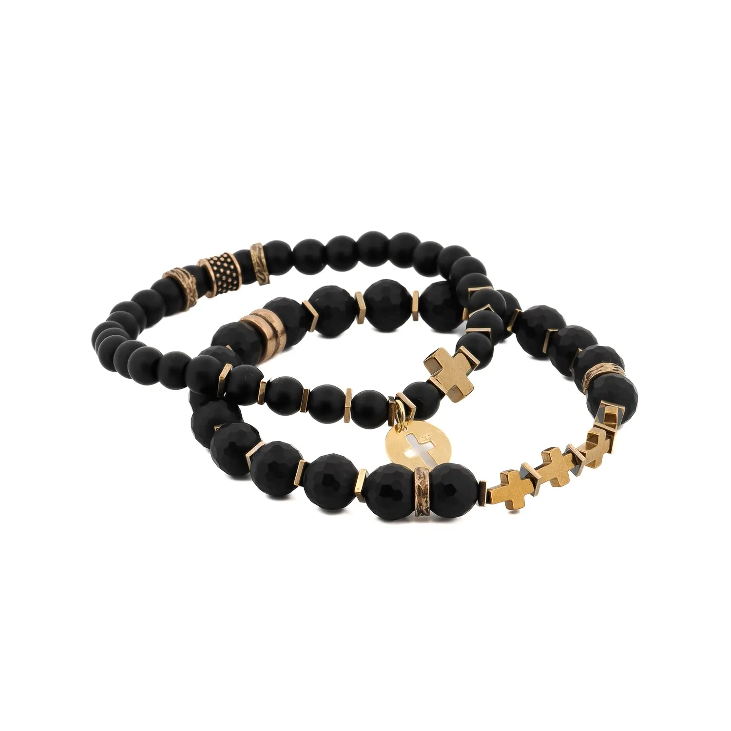 Matte Black Onyx Stone Gold Cross Charm Wise Belief Bracelet Set