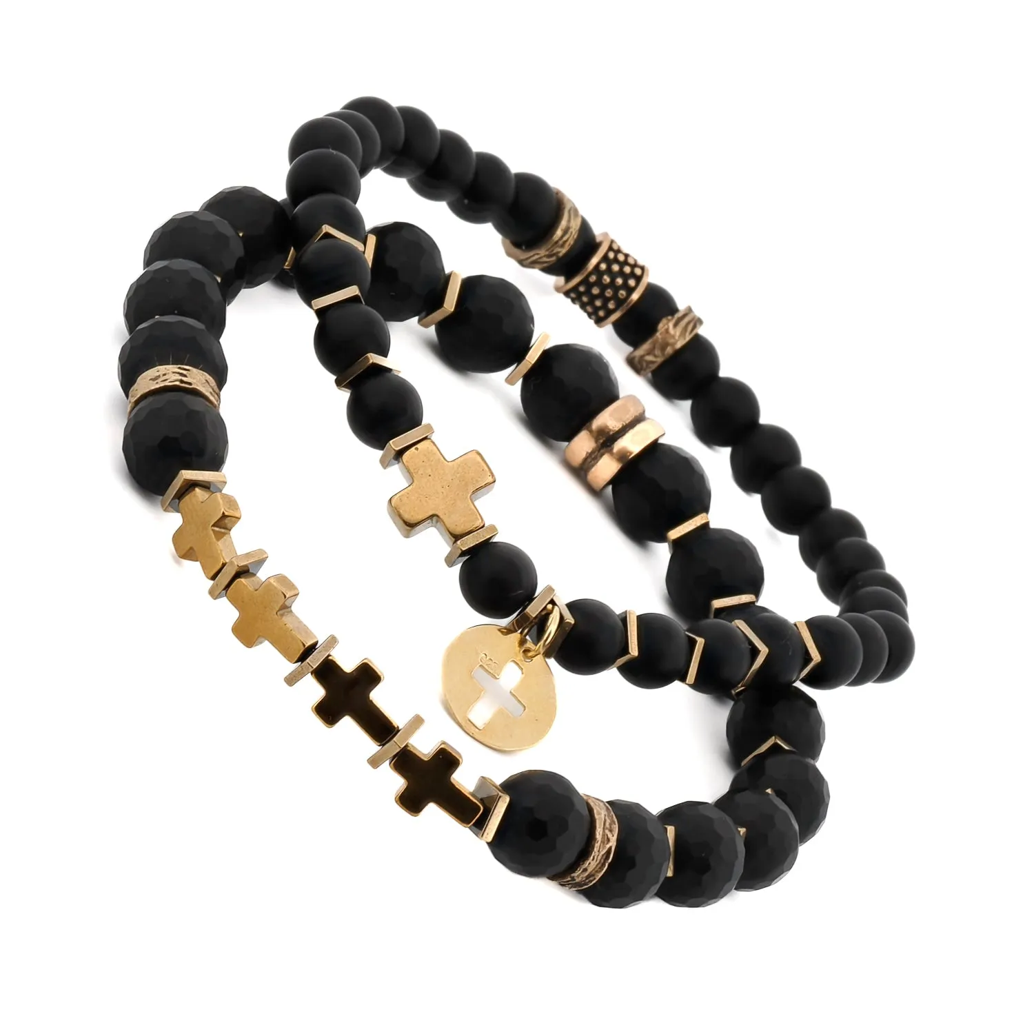 Matte Black Onyx Stone Gold Cross Charm Wise Belief Bracelet Set